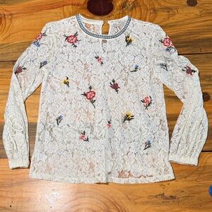 LOFT Cream Lace Floral Embroidered Long-Sleeve Blouse